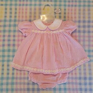 BRIGHT FUTURE ♡ Vintage 2pc Pink|White Daisy Floral Seersucker Dress Outfit 0-3M